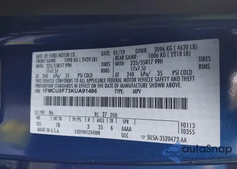 2019 Ford Escape S z USA, uszkodzony, nr VIN 1FMCU0F73KUA91486